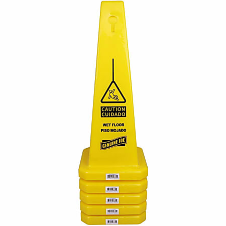 Genuine Joe Bright 4-sided Caution Safety Cone - English, Spanish - 10" Width x 24" Height x 10" Depth - Cone Shape - Stackable - Industrial - Polypropylene - Yellow - 5 / Carton