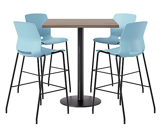 KFI Studios Proof Bistro Square Pedestal Table With Imme Bar Stools, Includes 4 Stools, 43-1/2”H x 42”W x 42”D, Studio Teak Top/Black Base/Sky Blue Chairs