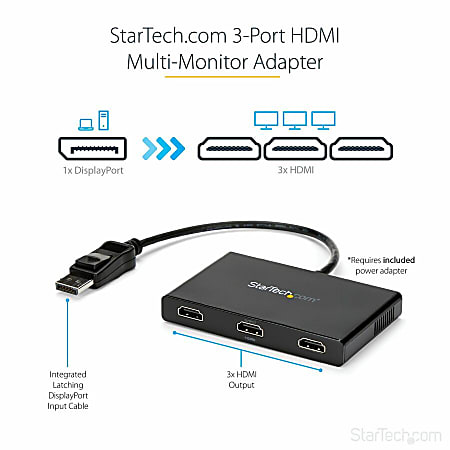 StarTech.com 3-Port Multi Monitor Adapter, DisplayPort to 3x HDMI MST Hub, Triple 1080p, Video Splitter for Extended Desktop Mode, Windows