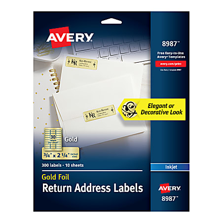 Avery® Permanent Inkjet Foil Mailing Labels, 8987, 3/4" x 2 1/4", Gold Foil, Pack Of 300