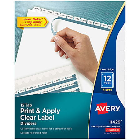 Avery® Customizable Index Maker® Dividers For 3 Ring Binder, Easy Print & Apply Clear Label Strip, 12 Tab, White, Pack Of 5 Sets