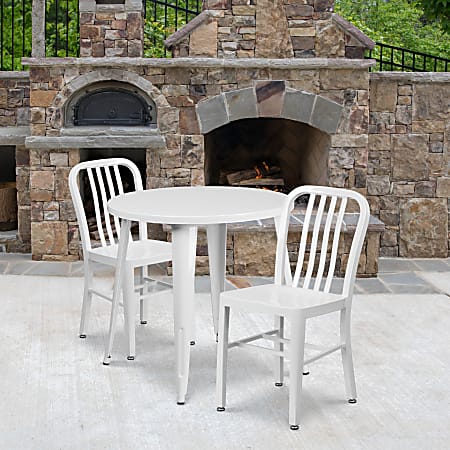 Flash Furniture Commercial Grade Round Metal Indoor-Outdoor Table With 2 Chairs, 29-1/2”H x 30”W x 30”D, White, Set Of 3