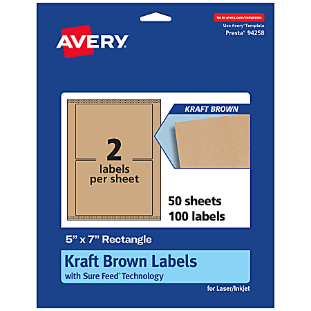 Avery® Kraft Permanent Labels With Sure Feed®, 94258-KMP50, Rectangle, 5" x 7", Brown, Pack Of 100
