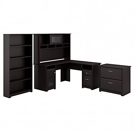 Bush Business Furniture Cabot 60"W L-Shaped Corner Desk With Hutch, Lateral File And 5-Shelf Bookcase, Espresso Oak, Standard Delivery