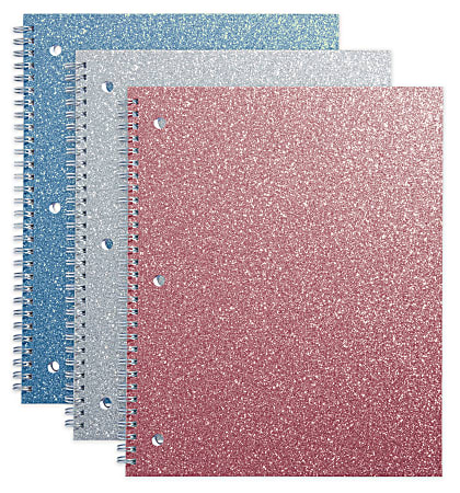Office Depot® Brand Glitter 3-Hole-Punched Notebook, 8" x 10 1/2", Wide Ruled, 160 Pages (80 Sheets), Assorted Colors