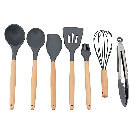 Gibson Home Holton 7-Piece Silicone Beech Wood Kitchen Tool Set, Gray