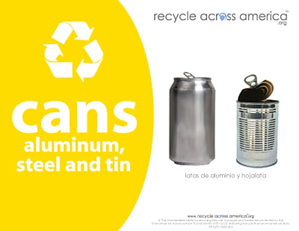 Recycle Across America Aluminum Cans Standardized Recycling Labels, CANS-8511, 8 1/2" x 11", Yellow