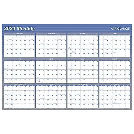 2024 AT-A-GLANCE® Vertical/Horizontal Reversible Erasable Yearly Wall Calendar, 36" x 24", Blue, January to December 2024, A1102