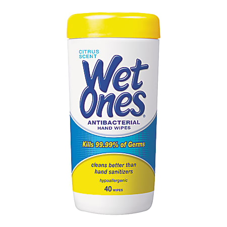 Wet Ones Antibacterial Moist Towelettes, Unscented, 5" x 7 1/2", White, Canister Of 40