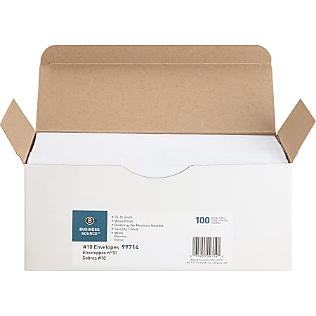 Business Source No. 10 Peel-to-seal Security Envelopes - Business - #10 - 4 1/8"x 9 1/2" - 24 lb - Peel & Seal - White - Wove - 100 / Box - 99714