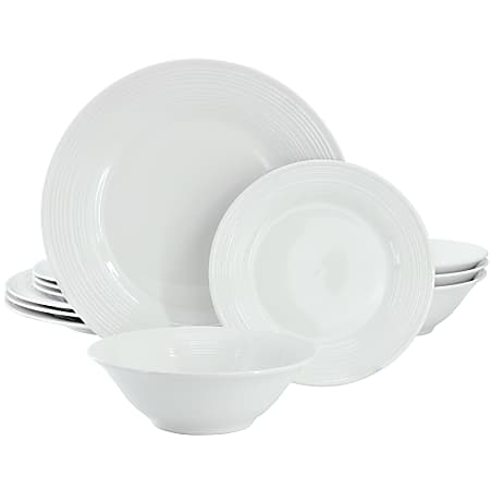 Gibson Home Everyday Embossed 12-Piece Round Ceramic Dinnerware Set, White