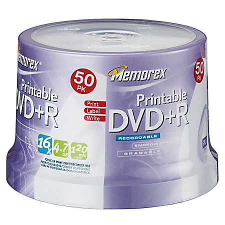 Memorex™ DVD+R Recordable Printable Media Spindle, 4.7GB/120 Minutes, Pack Of 50
