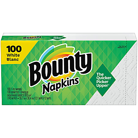 Bounty Quilted 1-Ply Napkins, 12.1" x 12", White, Pack Of 100 Napkins