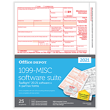 Office Depot® Brand 1099-MISC Laser Tax Forms With Software, 2-Up, 4-Part, 8-1/2" x 11", Pack Of 25 Forms