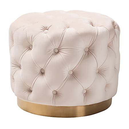 Baxton Studio Glam Velvet Button-Tufted Round Ottoman, Light Beige/Gold