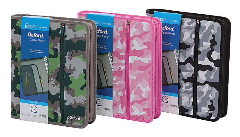 Oxford™ Camo Zipper Binder, 1 1/2" Rings, Assorted Colors