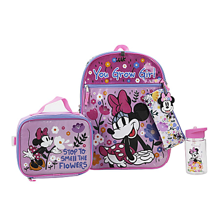 Bioworld Minnie Mouse Backpack With Lunch Bag, Utility Case, Key Chain, Water Bottle And Carabiner, Multicolor