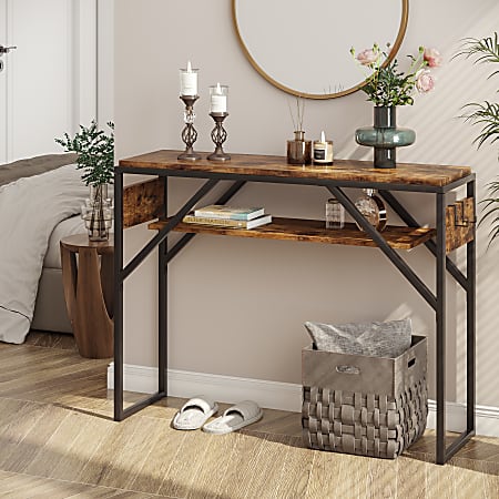 Bestier Small Rectangular Console Table With 2 Storage Shelves, 29-15/16”H x 39-3/8”W x 11-13/16”D, Rustic Brown/Black