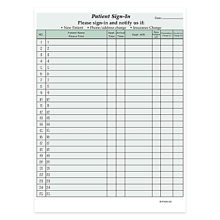HIPAA Compliant Patient/Visitor Privacy 2-Part Sign-In Sheets, 8-1/2" x 11", Green, Pack Of 1,000 Sheets