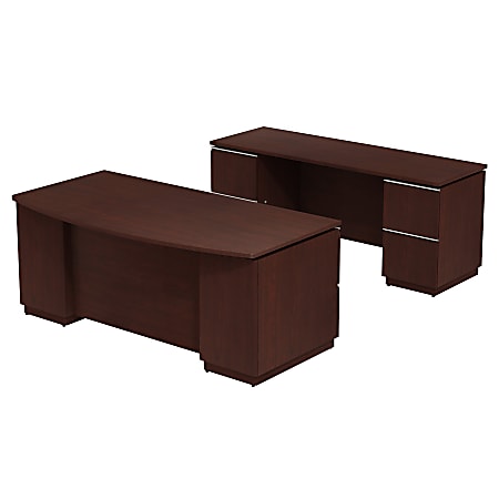Bush Business Furniture Milano2 72"W x 36"D Bow Front Office Desk with 2 Pedestals and Credenza, Harvest Cherry, Premium Installation