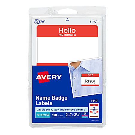 Avery® "Hello My Name Is" Name Tags, 05140, 2-1/3" x 3-3/8", White With Red Border, 100 Removable Name Badges