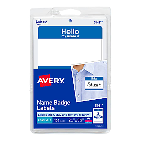 Avery® "Hello My Name Is" Name Tags, 05141, 2-1/3" x 3-3/8", White With Blue Border, 100 Removable Name Badges