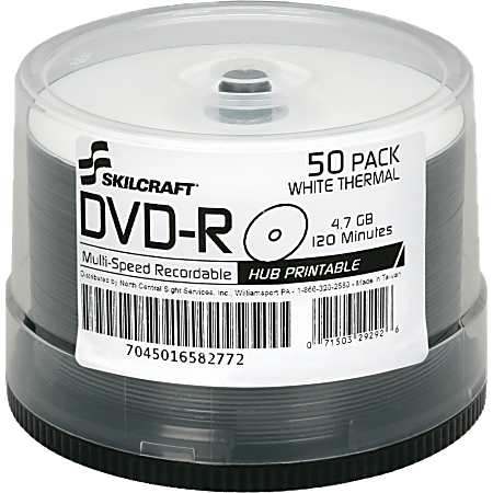 SKILCRAFT® Laser Printable DVD-R Recordable Media With Spindle, 4.70 GB, 120 Minutes, Pack Of 50 Pack