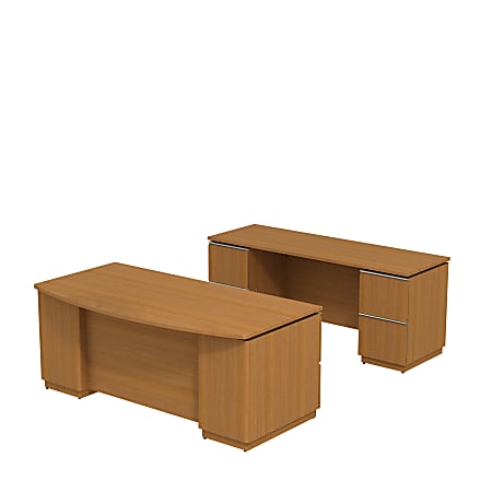 Bush Business Furniture Milano2 Bowfront Double Pedestal Desk With Credenza, 29 3/16" x 71 1/8" x 101 7/16", Golden Anigre, Premium Delivery Service