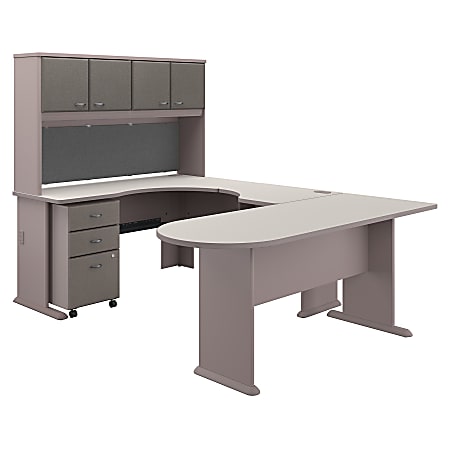 Bush Business Furniture Office Advantage U Shaped Corner Desk With Hutch And Mobile File Cabinet, Pewter/White Spectrum, Premium Installation