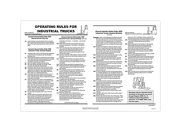 ComplyRight™ State Specialty Poster, Operating Rules For Industrial Trucks, English, California, 11" x 17"