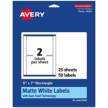 Avery® Permanent Labels With Sure Feed®, 94258-WMP25, Rectangle, 5" x 7", White, Pack Of 50