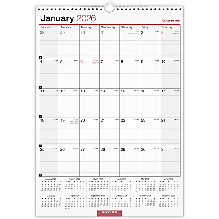 Office Depot Brand Monthly Wall Calendar, 12" x 17", White, January 2026 to December 2026, OD30162826