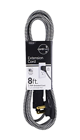 Cordinate Braided 3-Outlet Indoor Extension Cord, 8', Black/White, 39984-T1