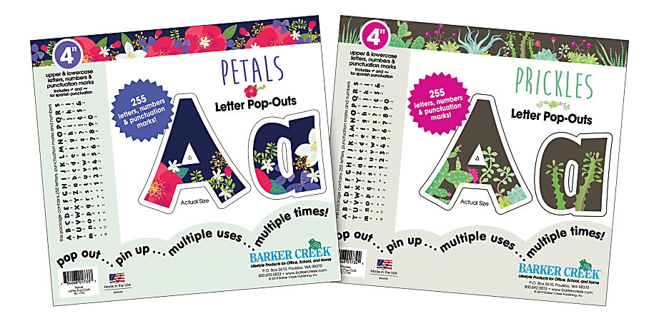 Barker Creek Letter Pop-Outs, 4", Petals & Prickles, 255 Characters Per Pack, Set Of 2 Packs