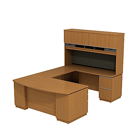 Bush Business Furniture Milano2 Bowfront Desk Right Hand U-Station with Hutch, 72 3/16" x 71 1/8" x 101 5/8", Golden Anigre, Standard Delivery Service