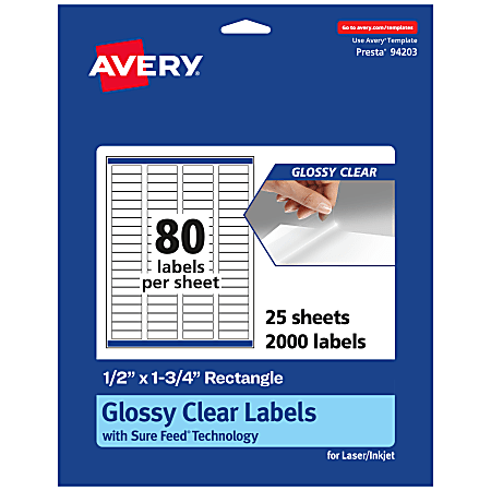 Avery® Glossy Permanent Labels With Sure Feed®, 94203-CGF25, Rectangle, 1/2" x 1-3/4", Clear, Pack Of 2,000