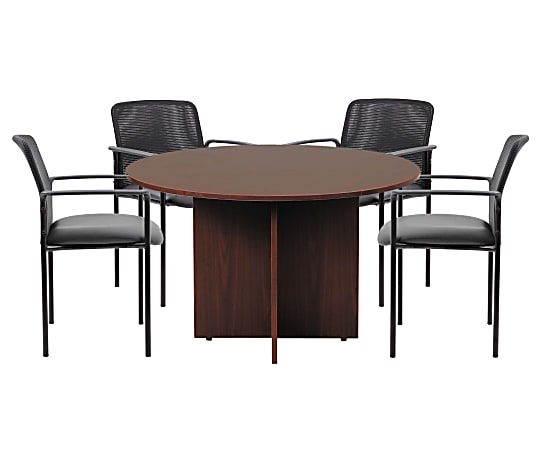 Boss Office Products 42" Round Table And Stackable Guest Chairs Set, Mahogany/Black