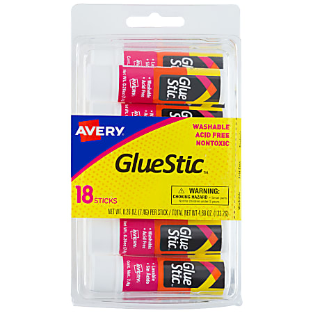 Avery® Glue Stic™ Washable Non-Toxic Permanent Adhesive Glue Sticks, White, 0.26 Oz., Pack Of 18