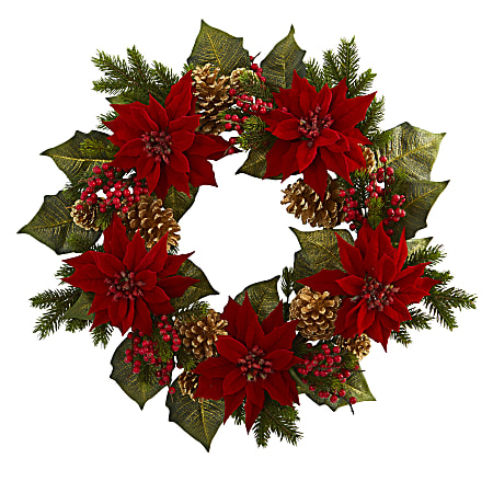 Nearly Natural 24”H Poinsettia, Berry And Golden Pine