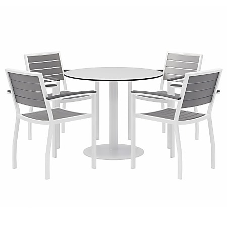 KFI Studios Eveleen 5-Piece Outdoor Patio Set, 33-13/16”H x 30”W x 30”D, White/Silver Table, Silver/Mocha Chairs