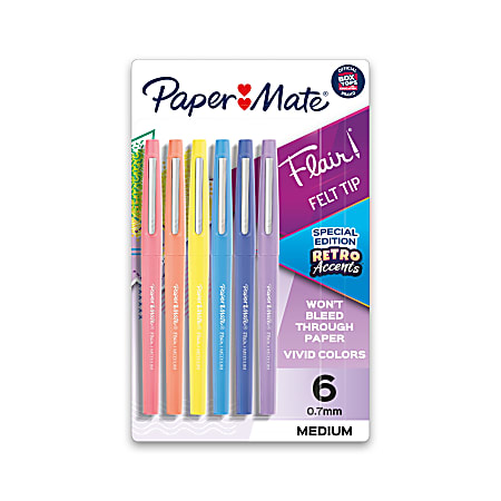 Paper Mate® Flair® Felt Tip Pens, Medium Point, Assorted, Special Edition Retro Accents, 6 Pack