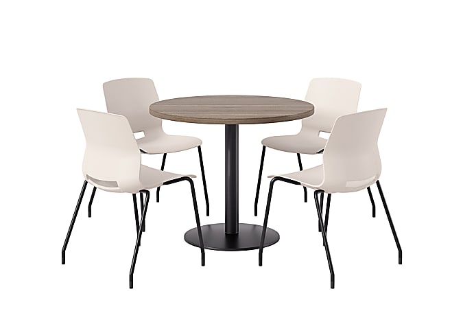 KFI Studios Midtown Pedestal Round Standard Height Table Set With Imme Armless Chairs, 31-3/4”H x 22”W x 19-3/4”D, Studio Teak Top/Black Base/Moonbeam Chairs