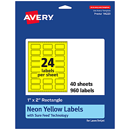 Avery® Print-To-The-Edge Labels With Sure Feed® Technology And Easy Peel®, 94220-NYP40, Rectangle, 1" x 2", Matte Neon Yellow, Pack of 960
