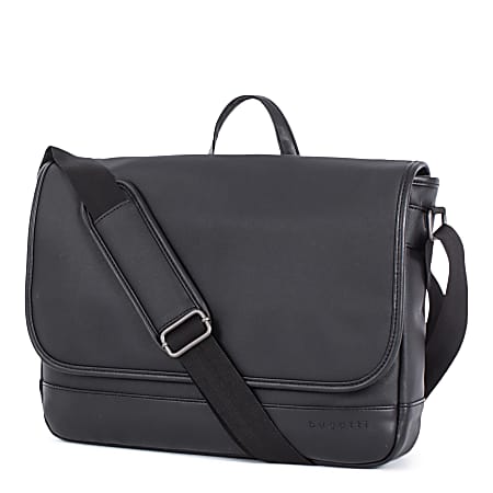 Bugatti Gin & Twill Textured Vegan Leather Messenger Bag With 14" Laptop Pocket, Black, MSG2051BU-BLACK