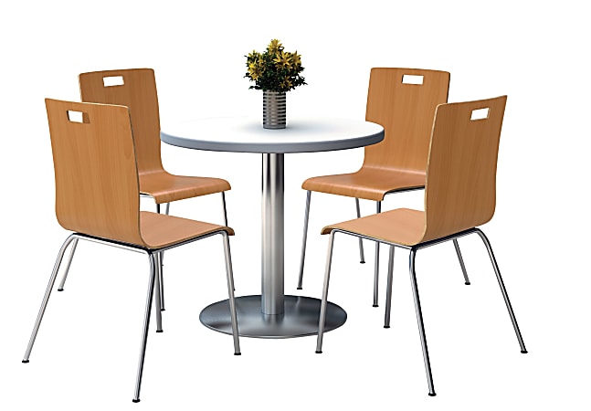 KFI Studios Jive Round Pedestal Table With 4 Stacking Chairs, 29"H x 36"W x 36"D, Natural/Crisp Linen 