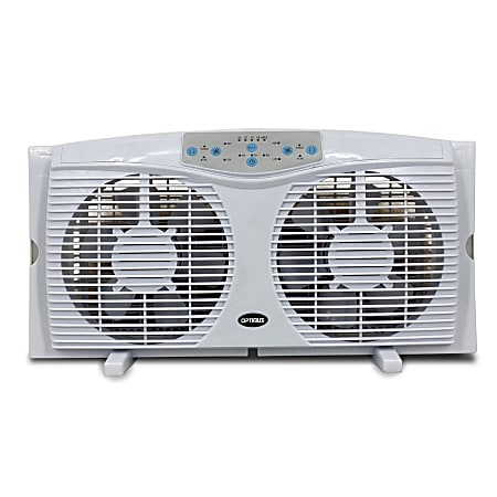 Optimus Electric Reversible Twin Window Fan With Thermostat And LED, 12" x 23-1/2", White