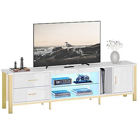 Bestier Modern LED TV Stand For 85" TVs With 2 Drawers, Cabinets And Glass Shelves, 21-7/8"H x 80"W x 13-3/4"D, White/Gold