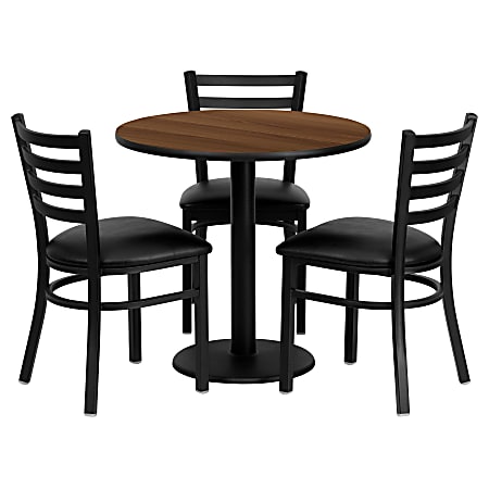 Flash Furniture Round Laminate Table Set With 3 Ladder-Back Metal Chairs, 30"H x 30"W x 30"D, Walnut