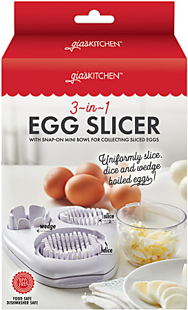 gia'sKITCHEN 23594 3-in-1 Egg Slicer with Snap-on Mini Bowl, Stainless Steel, 3”H x 5-13/16”W x 9-1/4”D, White