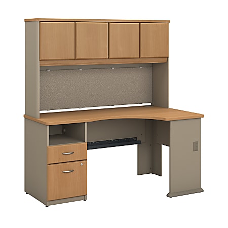 Bush Business Furniture Office Advantage 60"W Corner Desk With Hutch And 2 Drawer Pedestal, Light Oak/Sage, Premium Installation